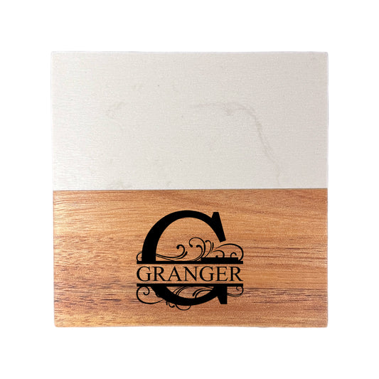 Family Treasures Monogram Custom Marble and Wood Engraved Coaster